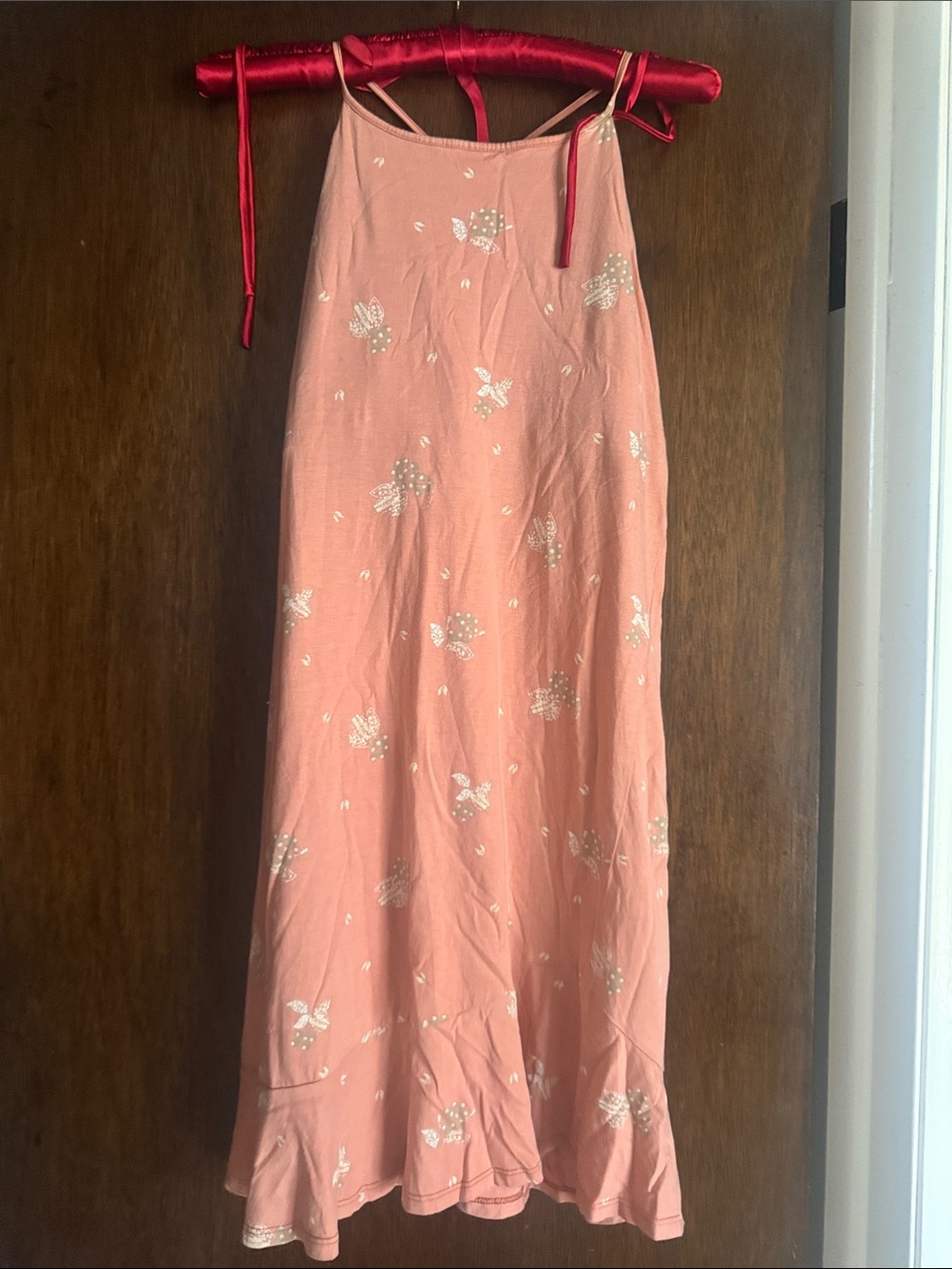 Patagonia Coral Pink Midi Dress with White Floral Embroidery